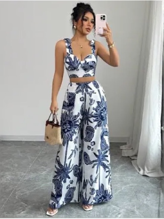 Micas Tops - Floral Print Wide-Leg Pants & crop top - White & Navy